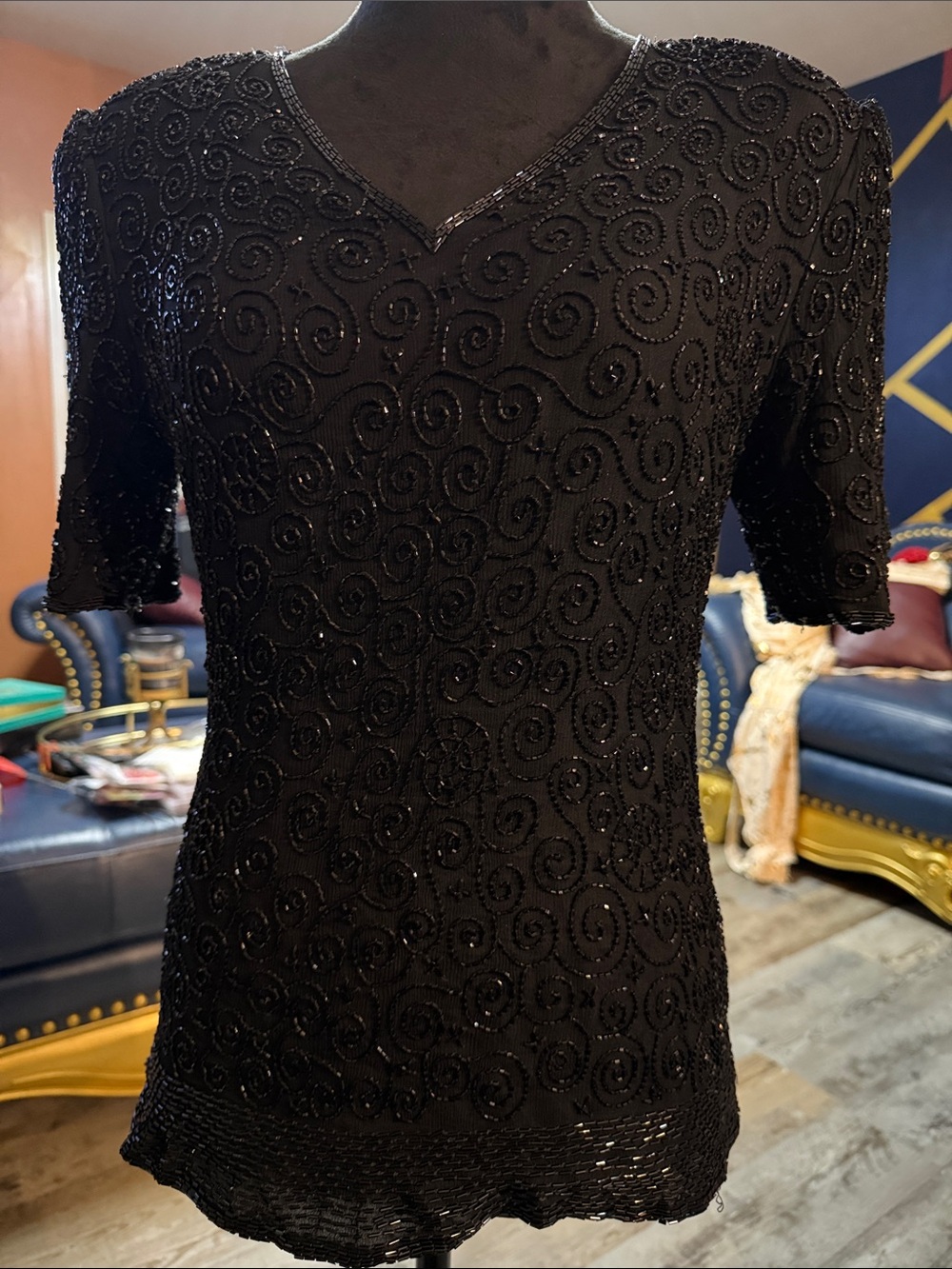 1980 Vintage Laurence Kazar Black Beaded V-Neck Short Sleeve Top